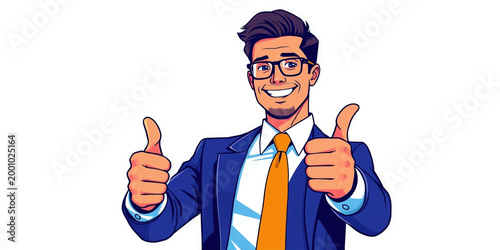 sticker of cartoonish business man with thumbs up. office male showing positive gesture. concept of success