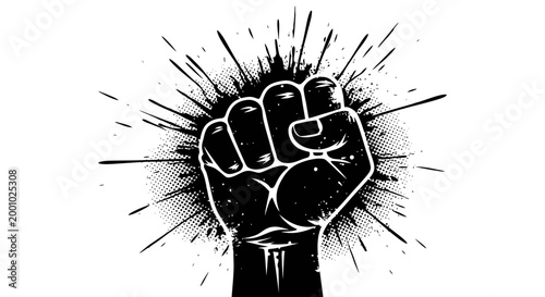 Protest and Revolution Symbol: Raised Clenched Fist Illustration with Grunge Ink Splashes and Halftone Background