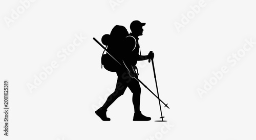 Silhouette of a male hiker with a backpack and trekking poles walking isolated on a white background. Outdoor adventure and backpacking concept.