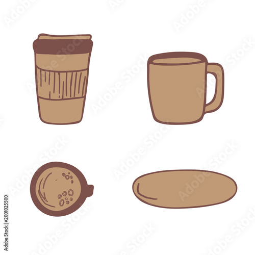 Coffee set hand drawn vector illustration with cups beans pastry and takeaway drinks