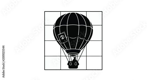Black hot air balloon icon in grid pattern on white background for design and illustration
