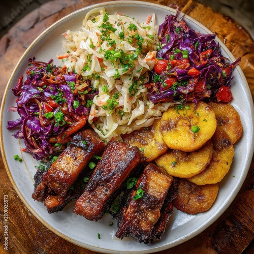Delicious Haitian Griot with Spicy Pikliz and Fried Plantains Served on a Plate in Bright Daylight