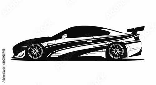 High Performance Sports Car Silhouette with Racing Livery and Spoiler Vector Illustration