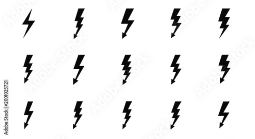 Lightning bolts are organized in a grid formation showing fifteen unique variations of electrical discharge symbols for use as icons in technical and scientific fields.