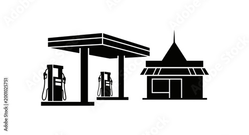 Gas Station Silhouette Icon with Petrol Pumps and Convenience Store Building Isolated on White Background