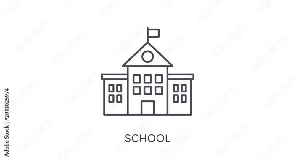 Fototapeta premium Simple line drawing of a school building with a flag on top educational iconography