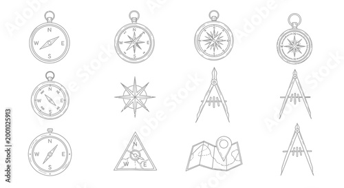 Navigation and cartography tools a collection of compass map and geometry illustrations