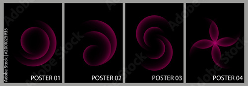 Four swirling pink energy forms on a black background with an abstract art, swirling pattern