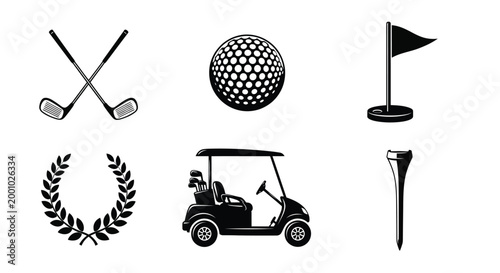 The golf equipment collection includes clubs and a ball alongside a flag and a cart for sports marketing or recreational club promotion.