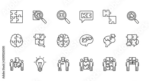 Puzzle pieces and problem solving a collection of line art icons representing challenges