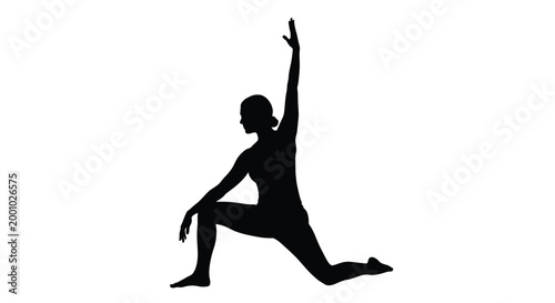A yoga practitioner maintains a balanced pose in this simple black silhouette shape isolated against a stark white background for clarity.