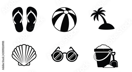 Beach icons illustrate various summer items, including flip-flops, a ball, a palm tree, a shell, glasses, and a bucket set for seaside fun.