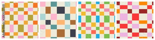 Colorful geometric mosaic seamless pattern set. Abstract square patchwork background illustration collection. Creative irregular grid shape wallpaper print.
