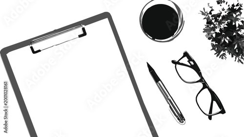 clipboard with pen glasses coffee cup and plant on white background