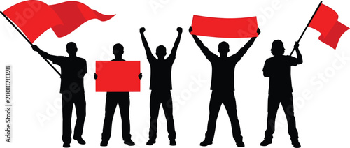 Black silhouettes of protesters and activists holding red flags and blank placards isolated on white background for social movement concepts