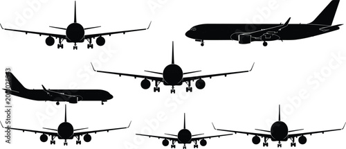Collection of commercial airplane silhouettes from different angles including front view and side profile isolated on white background