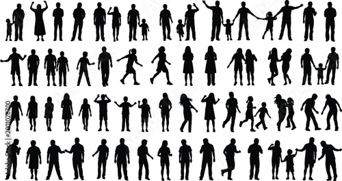 Large collection of black people silhouettes featuring families parents children and individuals in diverse active poses isolated on white background