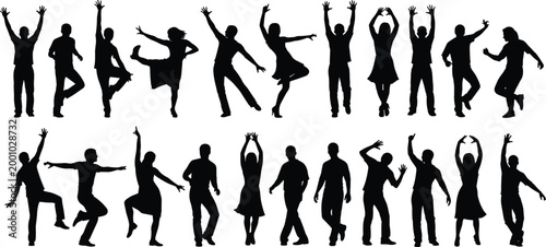Large collection of black silhouettes featuring happy people dancing jumping and celebrating in diverse energetic poses isolated on white