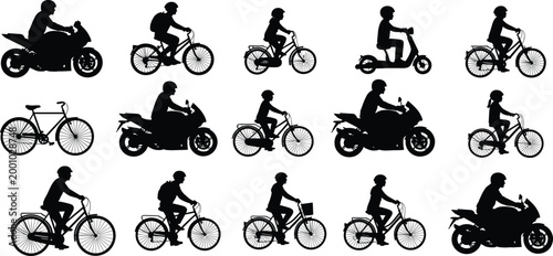 Large collection of black silhouettes featuring people riding bicycles motorcycles and scooters for urban transportation and delivery concepts