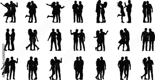 Large collection of black silhouettes featuring romantic couples and friends interacting talking and embracing isolated on white background