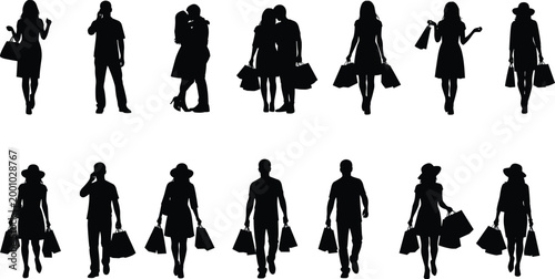 Large collection of black shopper silhouettes featuring men and women carrying shopping bags and walking isolated on white background