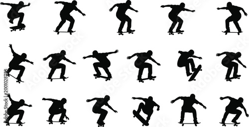 Large collection of black skateboarder silhouettes featuring athletes performing various tricks jumps and stunts isolated on white background