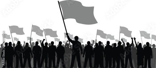 Large crowd of people silhouettes holding flags in a peaceful protest or political rally isolated on white background