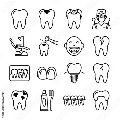 Comprehensive vector line icons set for dental care oral hygiene dentistry procedures with x ray dentistry healthcare procedure extraction toothbrush toothpaste prevention treatment pictogram