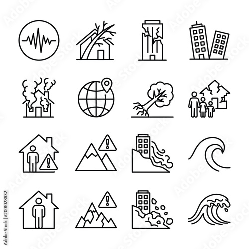 Comprehensive vector line icons set of natural disasters hazards emergency situations with climate change fallen tree disaster emergency earthquake landslide destruction global warming