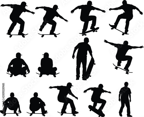 Set of black skateboarder silhouettes featuring athletes performing jumps stunts and sitting on boards isolated on white background