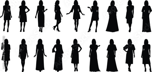 Set of black woman silhouettes in various elegant dresses and fashionable poses isolated on white background for design projects