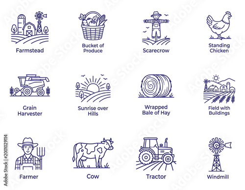 Detailed vector line icons set illustrating farming agriculture rural life harvest with hay bale agriculture windmill scarecrow countryside livestock equipment industry cultivation agronomy