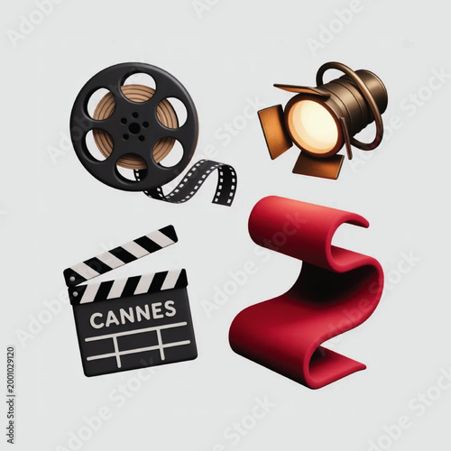 cannes film festival france 3d clay icon set film reel clapperboard red carpet spotlight cinema theme
