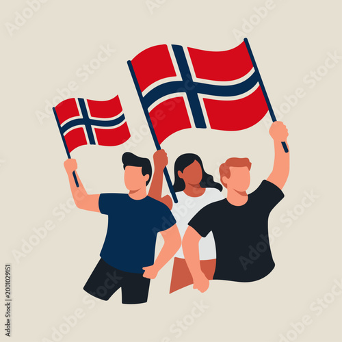 Norway Constitution Day Icon – Flat Minimal Vector Parade Scene, Flags & Crowd (May 17)
