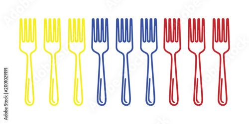 Colorful plastic forks arranged in rows isolated on a white background
