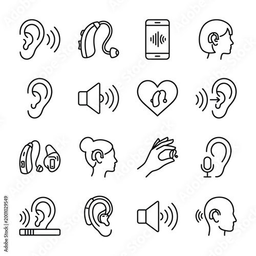 Hearing aid and audiology clinic line icons for hearing health awareness with audiology deafness communication technology earpiece accessible disability analysis diagnostic awareness