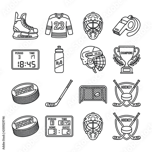 Ice hockey equipment and game elements vector icons with digital clock water bottle black and white line art scoreboard equipment championship competition performance training activity