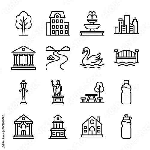 Cityscape and park elements vector icons with water bottle public space line art building architecture fountain lamppost institution government skyscraper landscape relaxation illustration