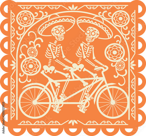 papel picado anaranjado de día de muertos. Esqueletos en bicicleta México