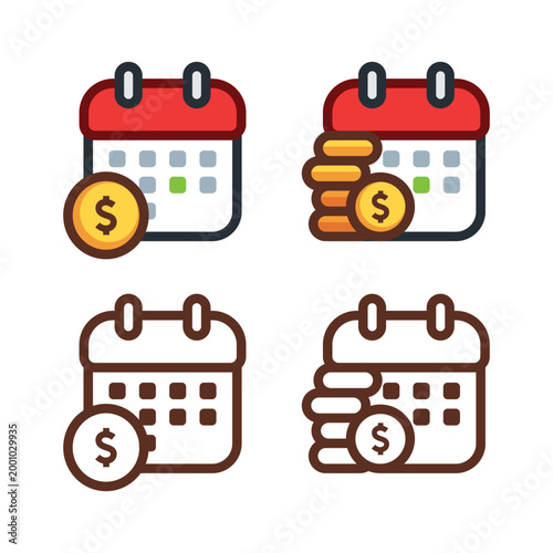 Financial planning calendar icon with dollar coins in flat line art style for tax deadline and payment schedule.