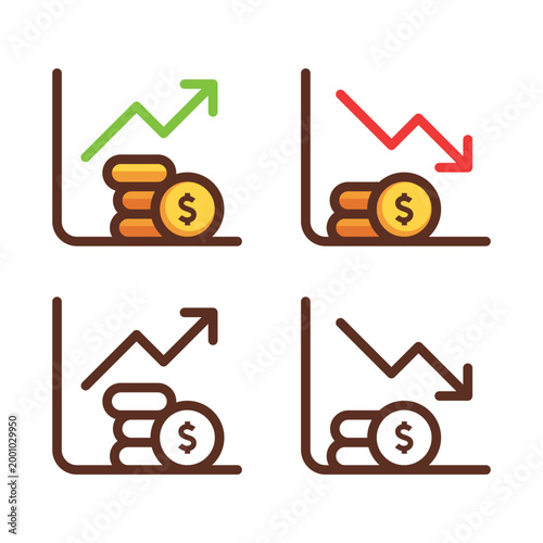 Business growth and loss financial graph charts with dollar coins in flat line art style for market analysis.