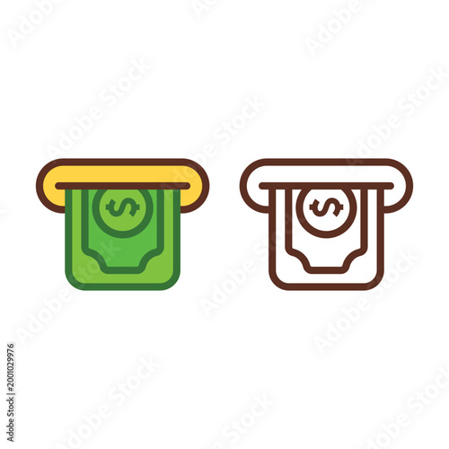 ATM machine cash withdrawal icon. Flat color and outline style for banking services and financial apps.