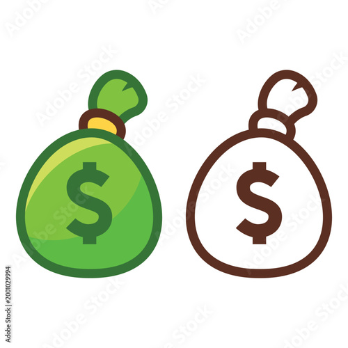 Money bag icon with dollar sign. Vibrant flat design and line art for wealth and profit concepts.