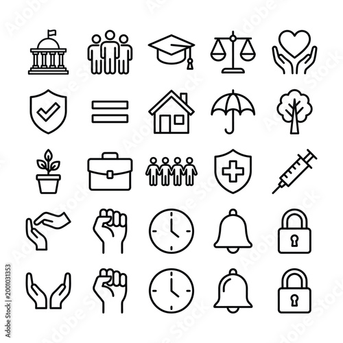 Outline icon set illustrating concepts of government community education justice healthcare security with graduation cap scales of justice government umbrella briefcase
