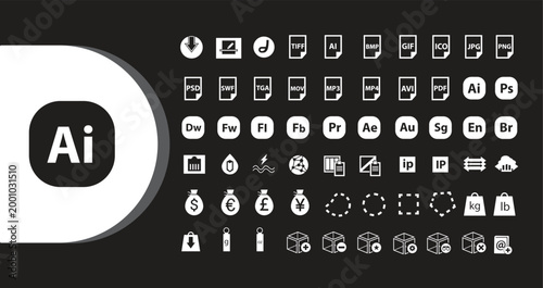 A collection of white icons representing various software applications and design tools on a black background with the Adobe Illustrator logo prominently displayed