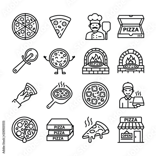 Vector icons illustrating pizza making and serving with food icon pizza slice chef oven box restaurant delivery restaurant collection illustration pizzeria takeaway