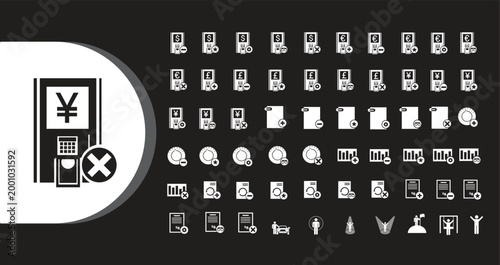 A collection of various ecommerce and online shopping icons on a black background with a highlighted yen symbol ATM machine on the left