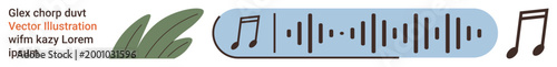 Music interpretation, audio analysis, sound design, digital art, creative expression, visual . Musical notes and waveforms with text elements. Music interpretation and audio analysis concept