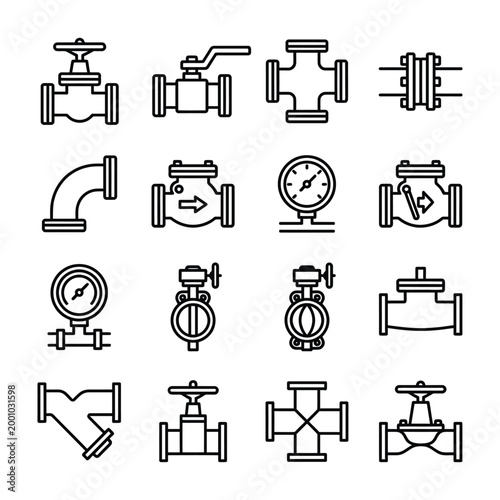 Set of vector icons representing plumbing valves and gauges with valve icon pipe fitting pressure gauge water valve industrial plumbing system flow control pipe connection water meter