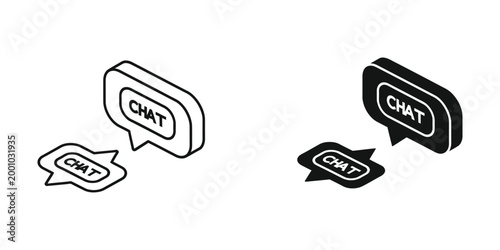 Isometric and flat style chat bubble icons in different visual representations